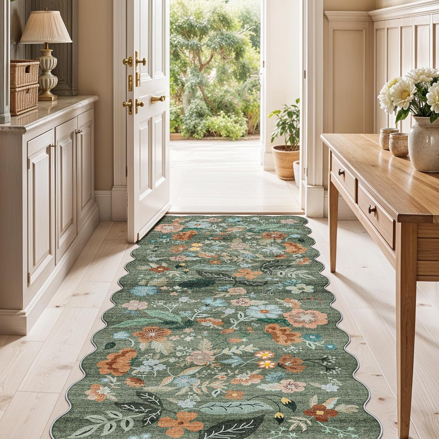 Skiennix Washable Kitchen Area Rug - Floral Scalloped Non-Slip Runner for Hallway & Bathroom | 2x5 ft, Green