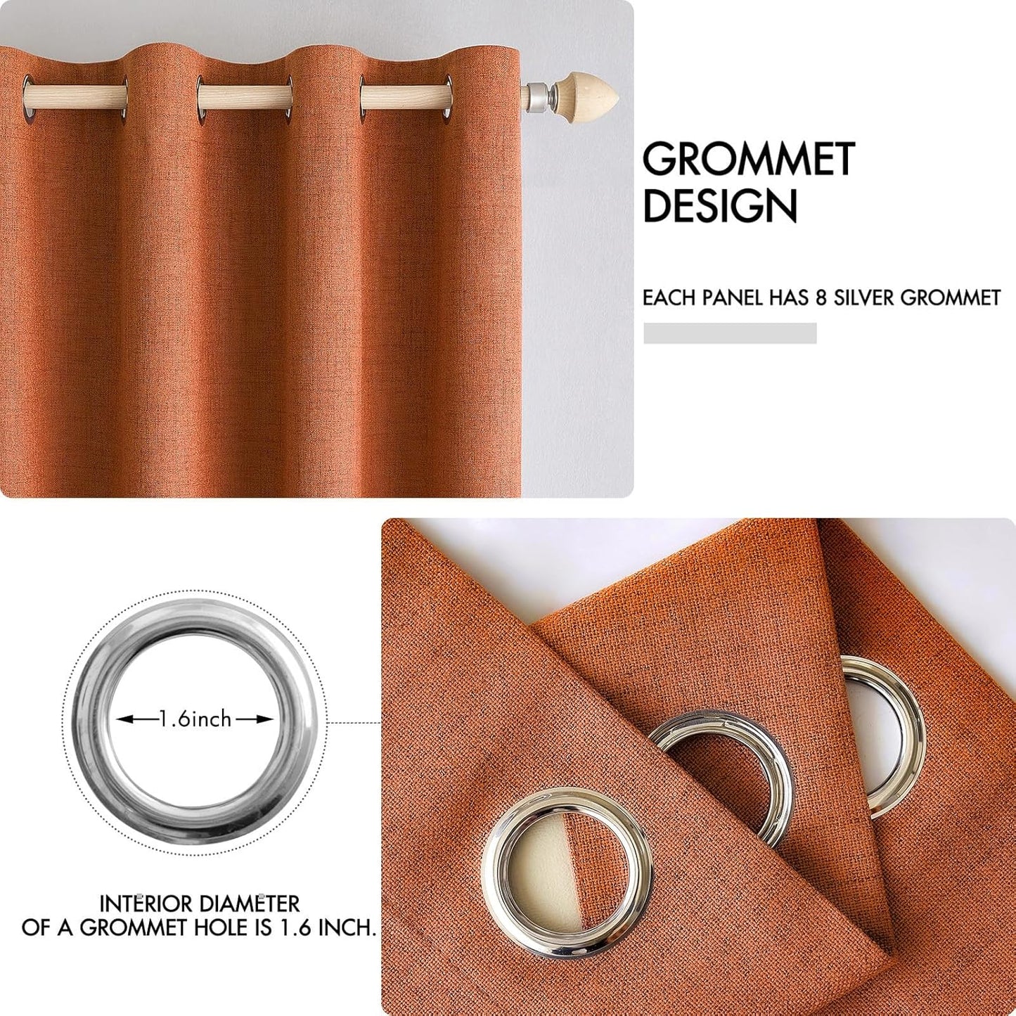 MIULEE Linen Curtains - 100% Blackout Thermal Insulated Orange Drapes | Room Darkening 52 x 90 Inch (2 Panels)