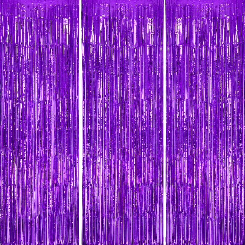 DECOCKRAT 3 Pack Foil Fringe Backdrop - Purple Shiny Tinsel Curtains for Party Decoration/Photo Booth Props - 3.3x8.2 FT Metallic Foil Backdrop for Birthday, Wedding, Graduation, Christmas.