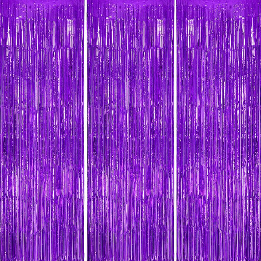 DECOCKRAT 3 Pack Foil Fringe Backdrop - Purple Shiny Tinsel Curtains for Party Decoration/Photo Booth Props - 3.3x8.2 FT Metallic Foil Backdrop for Birthday, Wedding, Graduation, Christmas.