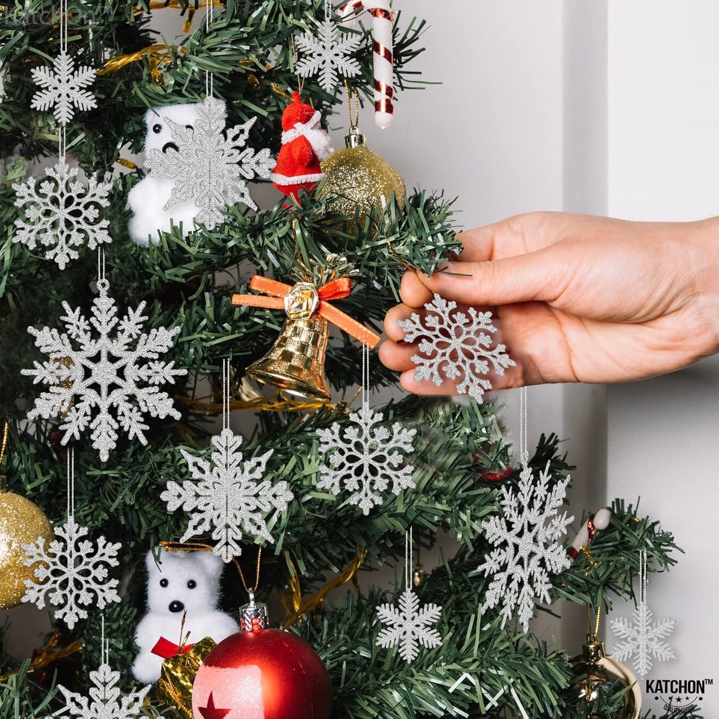 KatchOn Silver Snowflake Ornaments - Large Pack of 36 | Glittery Christmas Tree Decor | Winter Party Decorations