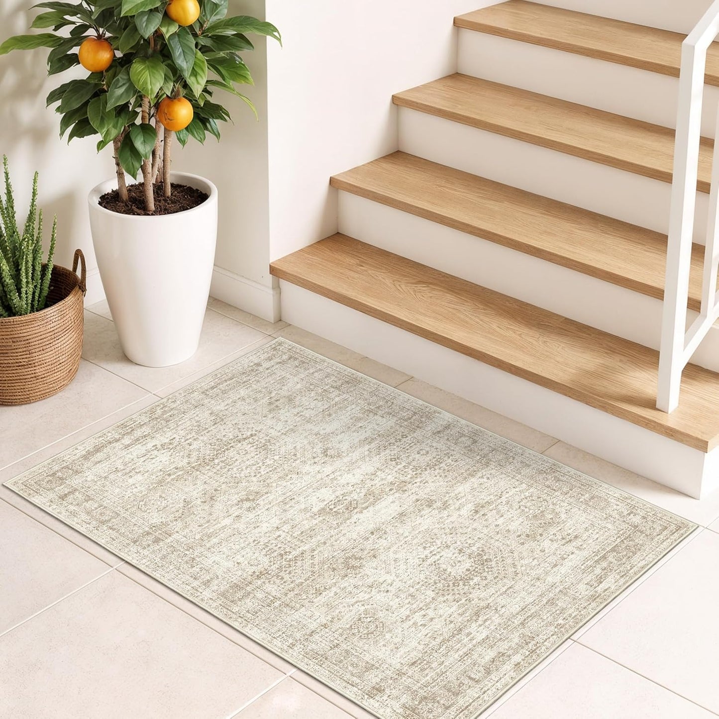 Skiennix 2x3 Washable Rug Runner - Soft Vintage Abstract Design | Anti-Slip Indoor Mat in Beige/Ivory