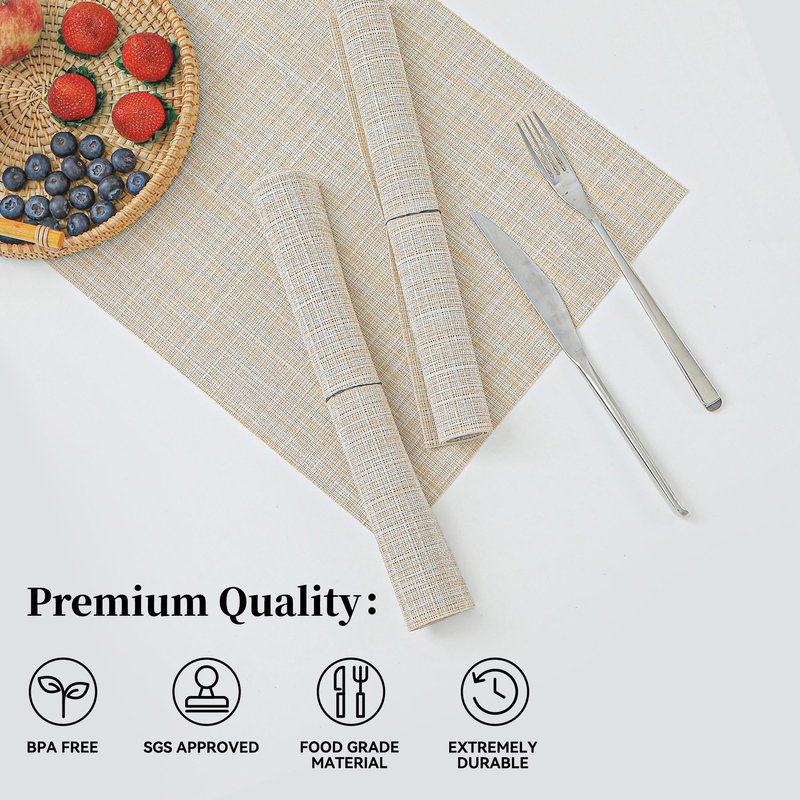 Leetaltree Beige Placemats Set of 4 - Heat Resistant Non-Slip Place mats for Dining Table, Washable Durable PVC Vinyl Woven Table Mats（Beige, 4）