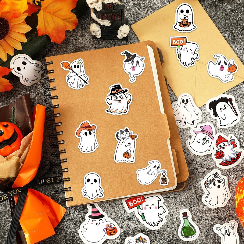 JULBEAR 200 PCS Ghost Stickers Cute Halloween Ghost Sticker Self-Adhesive White Ghost Label Decal for Craft Laptops Water Bottles and Envelopes Seal