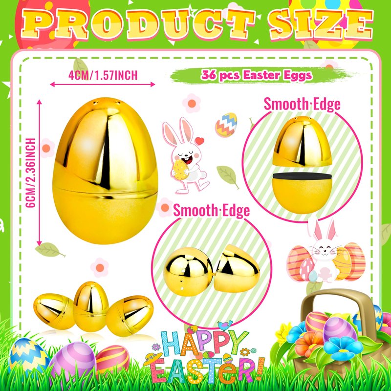 OCTERIC 60 Pcs Shiny Golden Metallic Easter Eggs Bulk, 2.3 ", Fillable Gold Empty Eggs for Fillling Treats, Easter Hunt Basket Suffers Fillers, Easter Theme Party Favors Classroom Prize Supplies