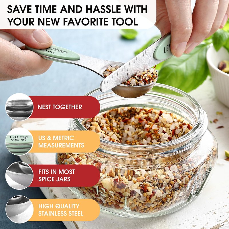 Spring Chef Stainless Steel Magnetic Measuring Spoons Set of 8 with Leveler, Dual Sided Teaspoon & Tablespoon Set, Nesting Metal Kitchen Gadgets for Baking & Cooking, Fits in Spice Jars - Pistachio