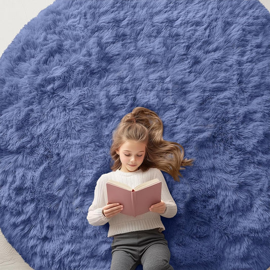 OLANLY Denim Blue Round Area Rug - Soft, Fluffy, Machine Washable 7 ft Circle Carpet for Bedroom & Living Room