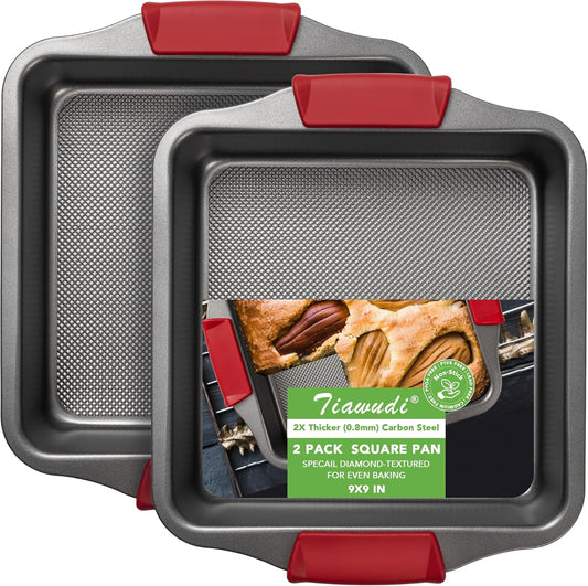 Tiawudi 9" Square Cake Pan Set - Heavy Duty Nonstick Bakeware with Diamond Texture & Silicone Grip Handles