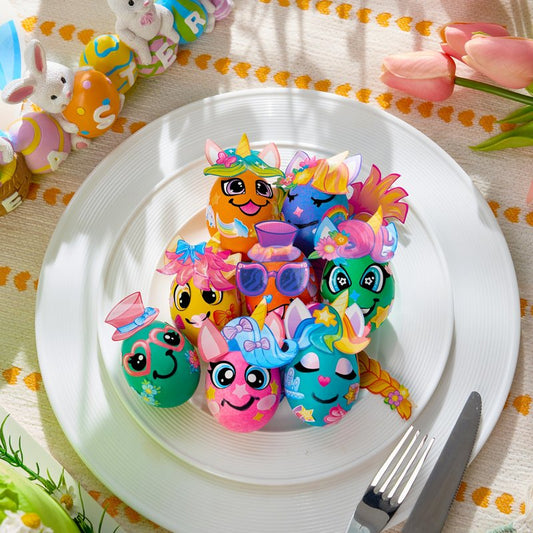 JOYIN 37 PCS Unicorn Easter Egg Dye Decoration Kit with Dye Tablets and Stickers, Coloring Dyeing Set for Kids Theme Party, Easter Egg Hunt Creativity Activity.