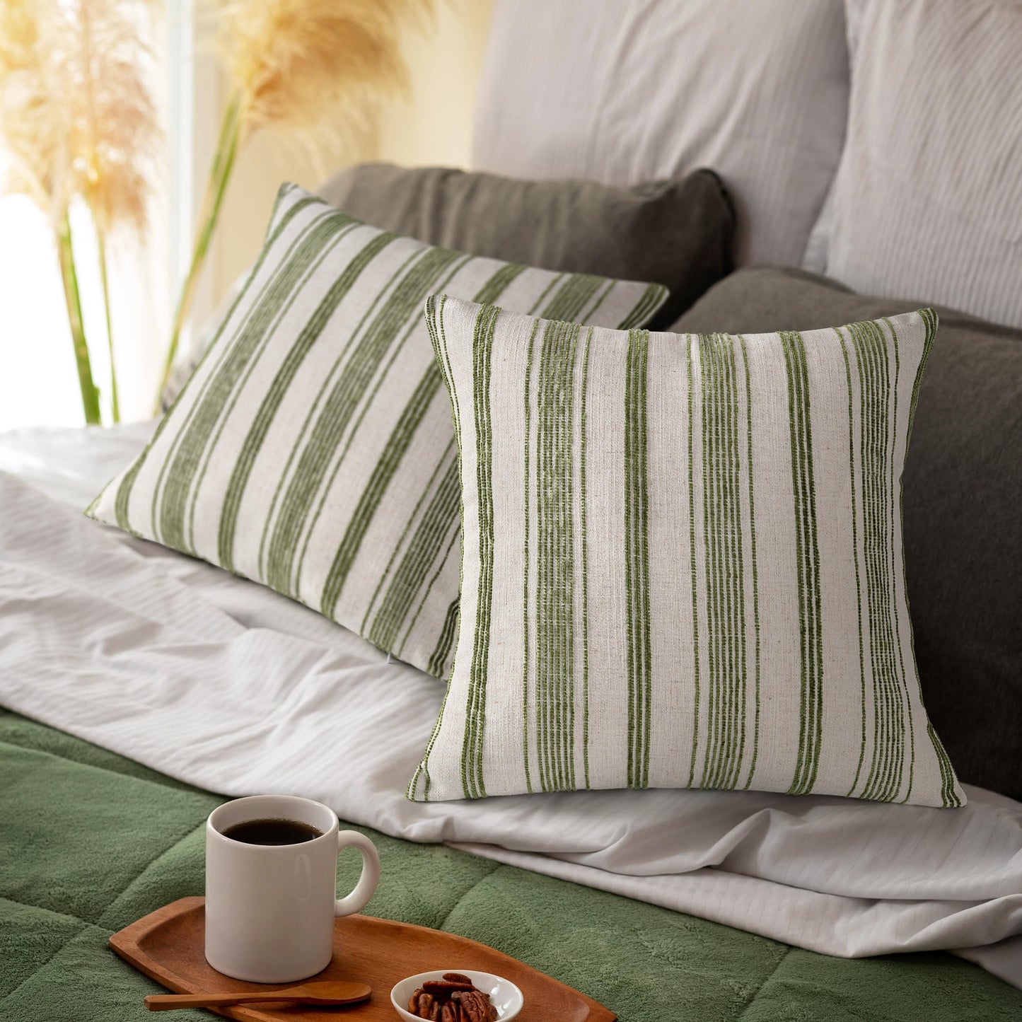AELS 20x20 Decorative Farmhouse Linen Throw Pillow Covers, Beige with Olive Green Chenille Striped Pillow Case, Set of 2, Boho Textured Cushion Cover for Sofa Couch Living Room (Cover ONLY)