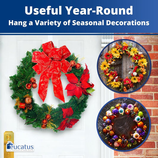Non Scratch, 100% Clear 12 in Wreath Hanger. Slim Christmas Wreaths Holders for Hanging Fall Halloween Decorations Over Front or Garage Door. Best Long Hooks for Indoor or Outdoor Home Décor