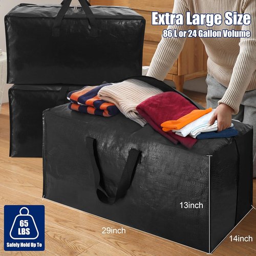 Cosy Family Extra Large Moving Bags - Heavy Duty Storage Totes with Backpack Straps & Strong Zippers | Set of 4, Black