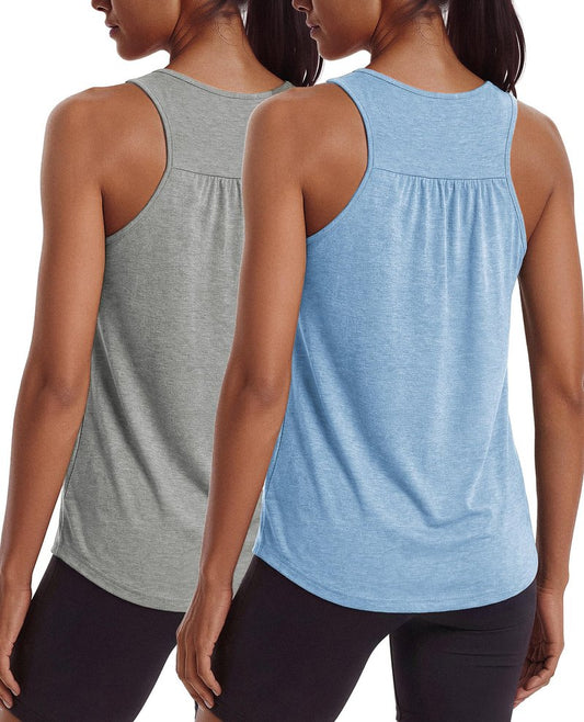 PINSPARK Tank Top for Women Sleeveless Athletic Workout Tops Moisture Wicking Yoga Pilates Gym Shirts Soft Tennis Running Tanks,Light Grey/Light Blue XXL