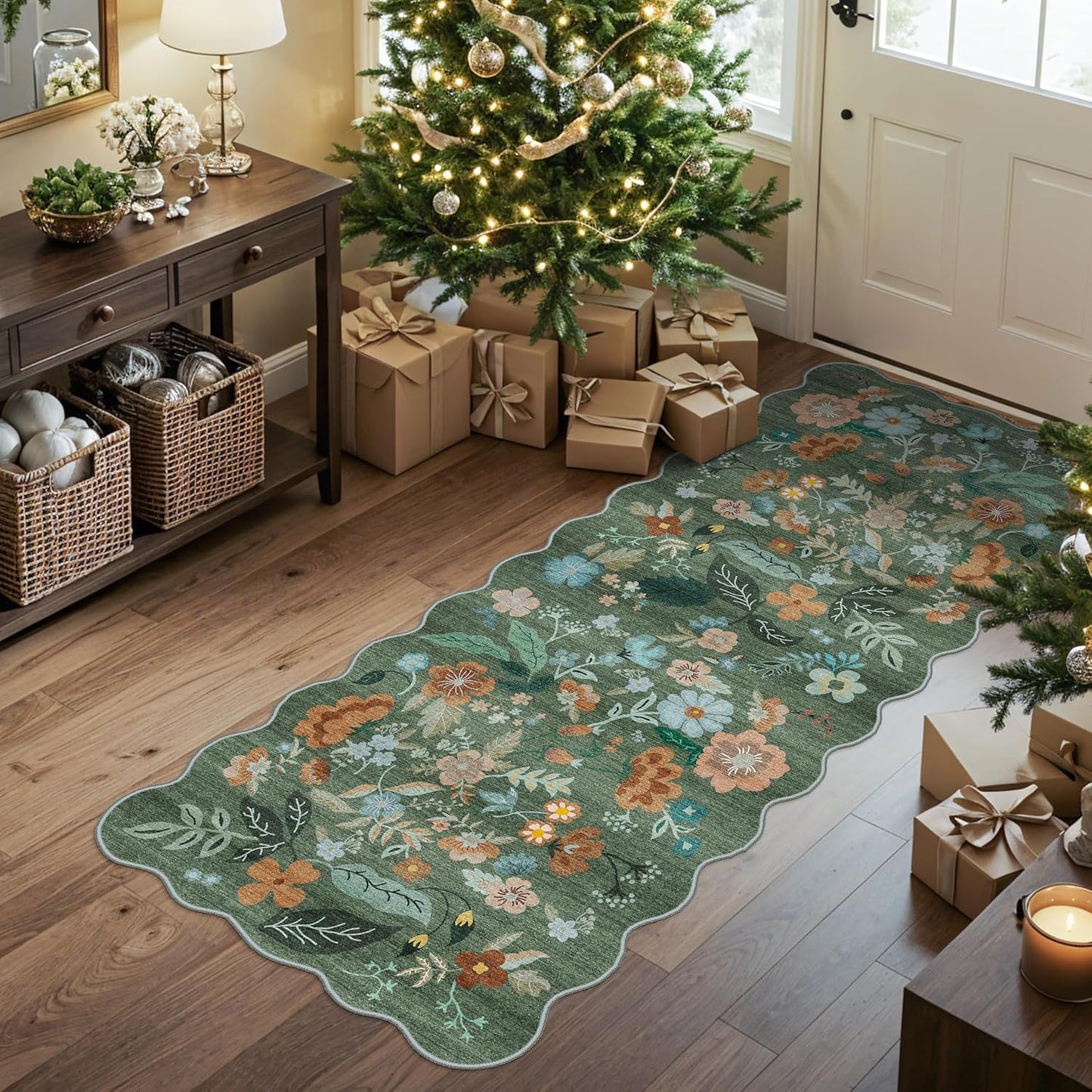 Skiennix Washable Kitchen Area Rug - Floral Scalloped Non-Slip Runner for Hallway & Bathroom | 2x5 ft, Green