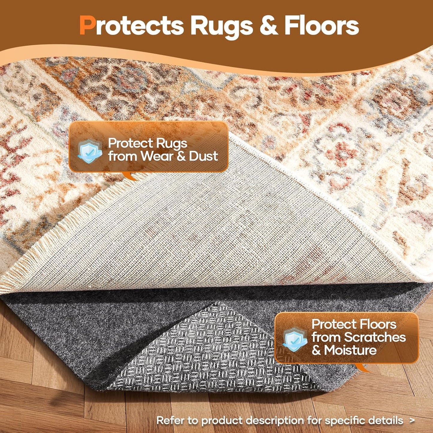 Veken Non-Slip Rug Pad Gripper - Cushioned Felt & Silicone Backing | 9 x 12 Ft, 1/4 Inch Thick