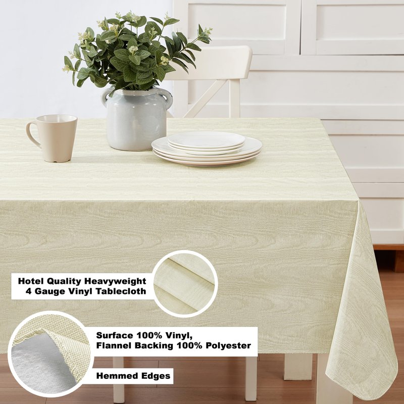 Newbridge Vinyl Flannel Backed Tablecloth, 60 x 84 Inch Rectangle, Beige Moire Wavy Solid Design, Heavyweight Indoor Outdoor Waterproof Table Cover, Easy Care Wipe Clean