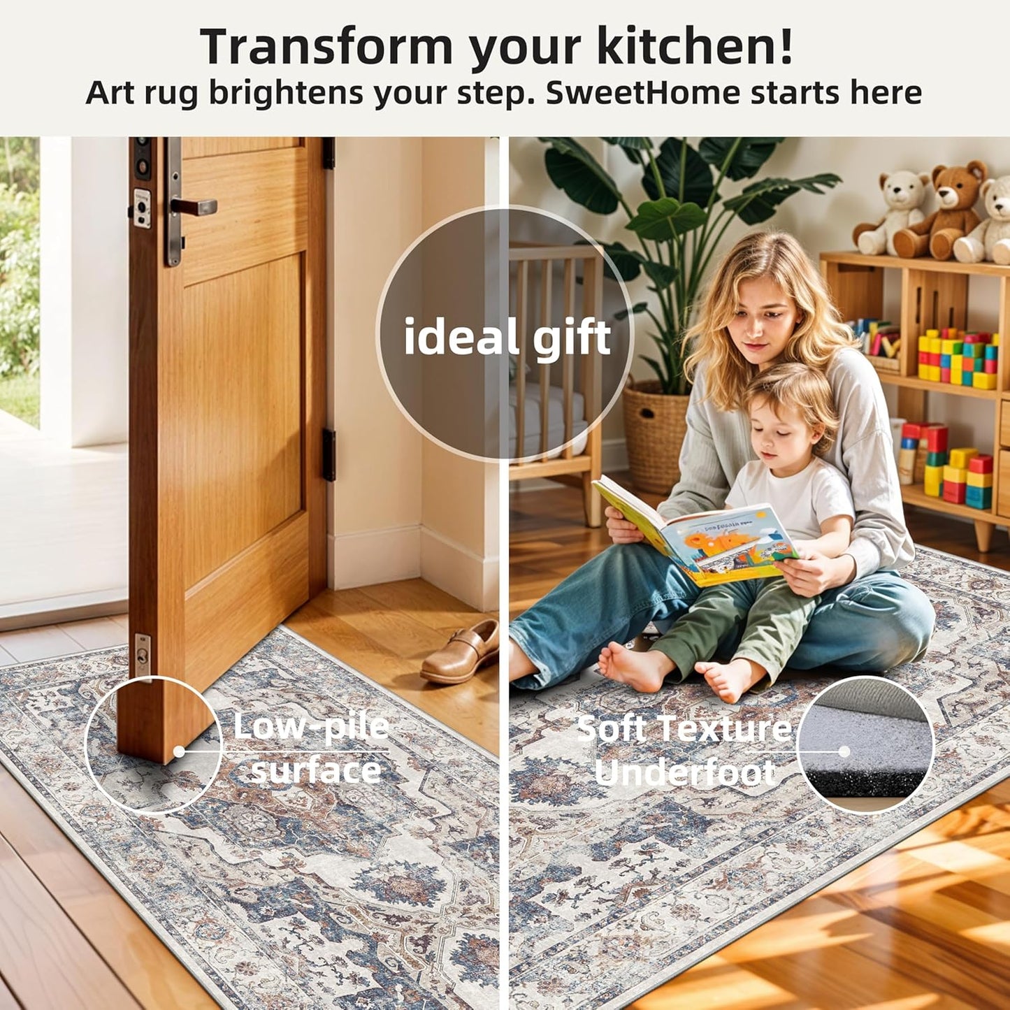 Skiennix Washable Kitchen Rug Set - Boho Non-Slip Soft Mats for Dog Bowl Area | 3 Sizes in Brick