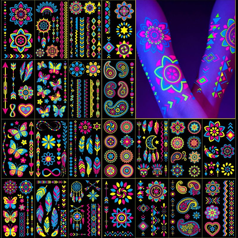 Glow in the Dark Party Supplies Temporary Tattoos 192+ PCS, Neon UV Blacklight Reactive Face Tattoos for for Party Supplies, Fluorescent Henna Flower Temporary Tattoos for Adults, Teens