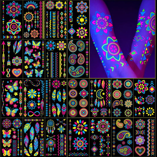 Glow in the Dark Party Supplies Temporary Tattoos 192+ PCS, Neon UV Blacklight Reactive Face Tattoos for for Party Supplies, Fluorescent Henna Flower Temporary Tattoos for Adults, Teens
