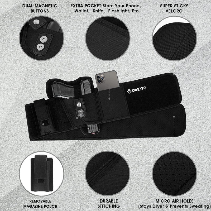 AIKATE Upgraded Belly Band Holster for Concealed Carry, Deep Concealment Gun Holster for Men, Waistband Holsters Fits for Glock 19, 17, M&P Shield 9MM Most Pistols (Fits Belly Up to 45", Right)