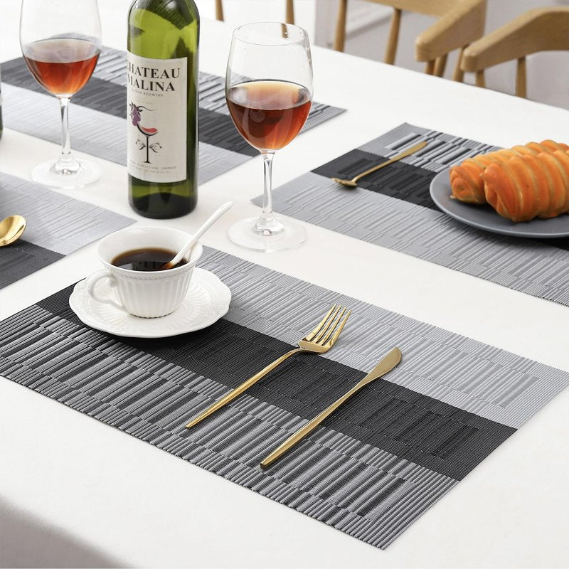 Leetaltree Grey with White Striped Placemats Set of 8 - Heat Resistant Non-Slip Place mats for Dining Table, Washable Durable PVC Vinyl Woven Table Mats（Grey Stripe, 8）