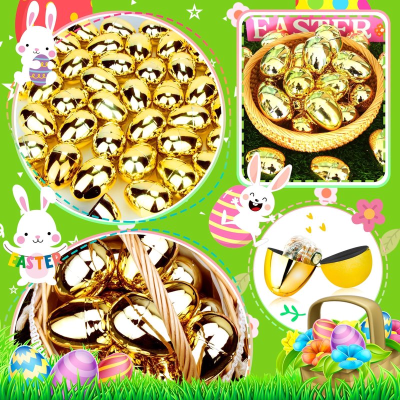 OCTERIC 60 Pcs Shiny Golden Metallic Easter Eggs Bulk, 2.3 ", Fillable Gold Empty Eggs for Fillling Treats, Easter Hunt Basket Suffers Fillers, Easter Theme Party Favors Classroom Prize Supplies