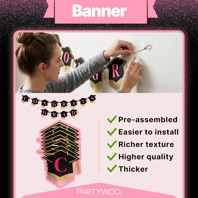 PartyWoo Graduation Decorations Class of 2026 Black Pink Gold 40pcs Grad Party Supplies with Congrats Grad Black Backdrop Banner Hanging Swirls Foil Latex Balloons Graduation Cap Centerpieces Party