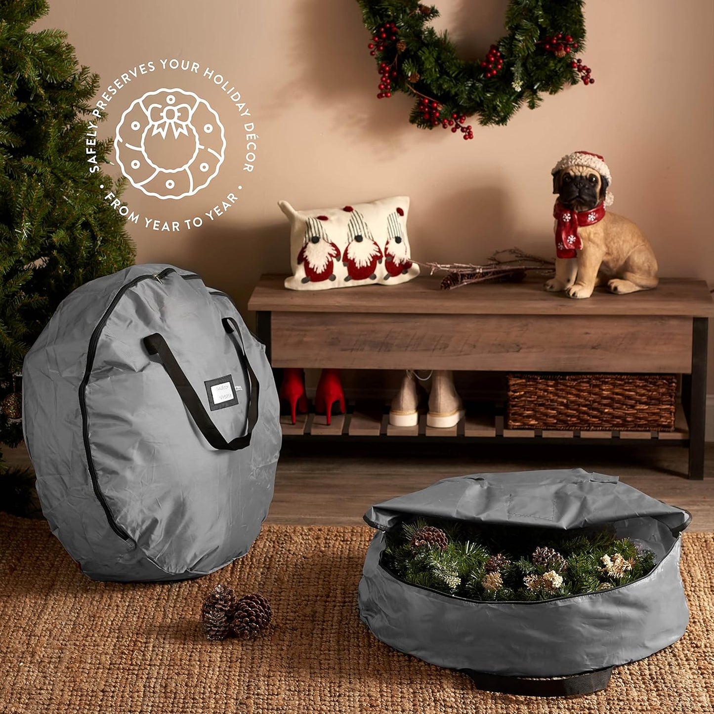 ZOBER Oxford Christmas Wreath Storage Bag - 30 Inch Waterproof Container with Dual Zippers & Durable Handles - Gray