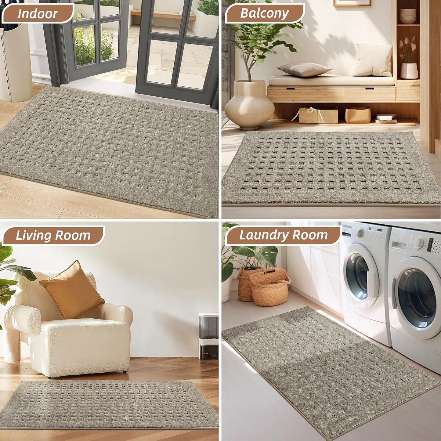 BEQHAUSE Indoor Door Mat - Non-Slip, Absorbent Washable Rug | 20"x32" Low Profile Waffle Design, Beige