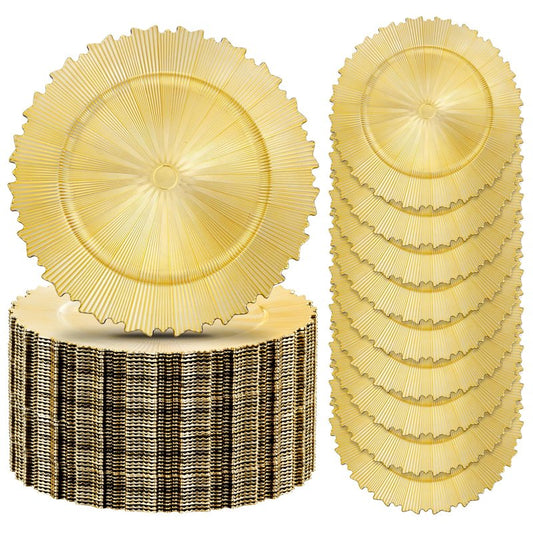 EI 20pcs Gold Charger Plates Bulk 13inch Plastic Chargers for Dinner Plate Disposable Golden Flash Reef Charger Plates Table Chargers for Family Party Wedding Birthday Afternoon Tea Decoration