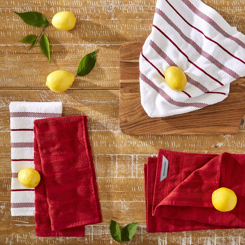 KitchenAid Albany Kitchen Towel 4-Pack Set, Passion Red/White, 16"x26"