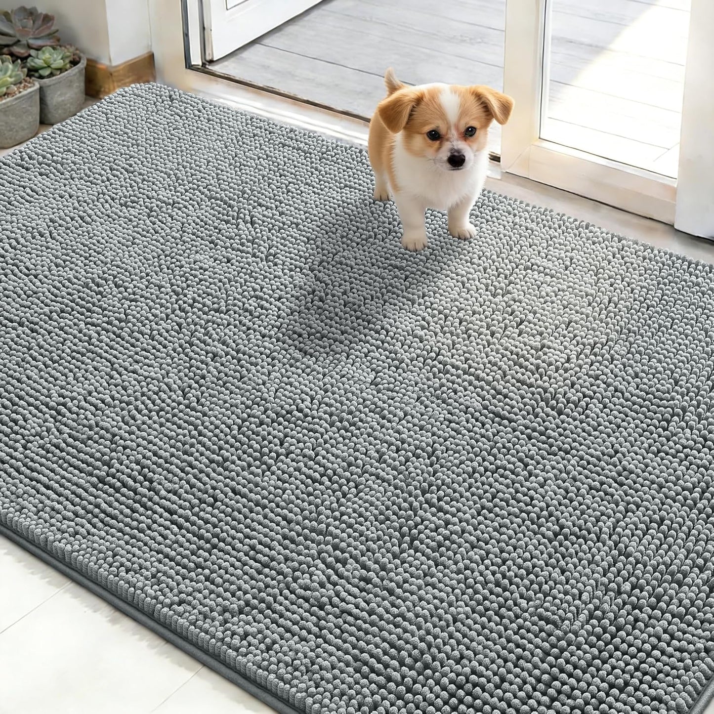 OLANLY Dog Door Mat - Absorbent Non-Slip Chenille for Muddy Paws | 48x30 Inches, Quick Dry, Grey