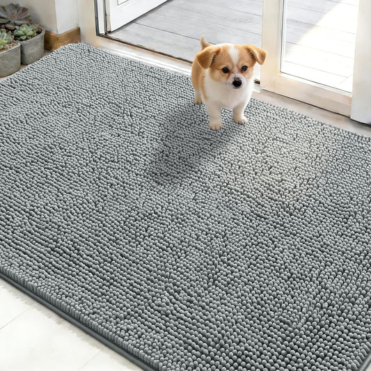 OLANLY Dog Door Mat - Absorbent Non-Slip Chenille for Muddy Paws | 48x30 Inches, Quick Dry, Grey