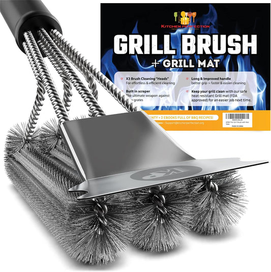 KITCHEN PERFECTION Grill Brush - Safe Wire BBQ Cleaner with Scraper & Mat | Extended Handle for Easy Cleaning