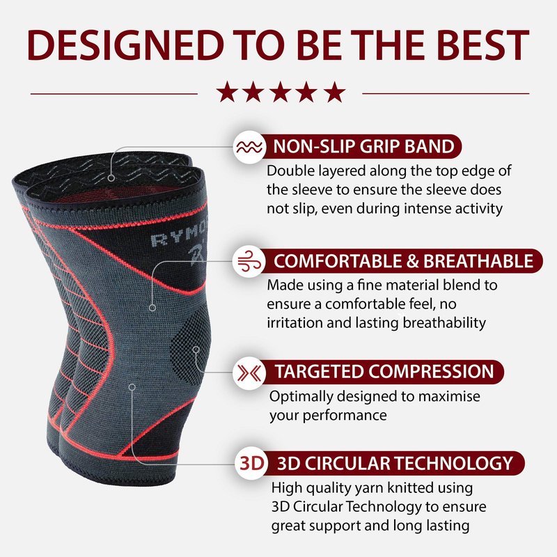 Rymora Knee Support Brace Compression Sleeves for Men and Women (Grey) (Pair) (Large) [L] - for Ligament Injury, Joint Pain Relief, Running, Arthritis, ACL, MCL, Sport