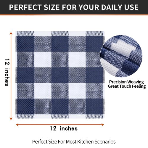 Homaxy 100% Cotton Waffle Weave Check Plaid Dish Cloths, 12 x 12 Inches, Super Soft and Absorbent Dish Towels Quick Drying Dish Rags, 6-Pack, White & Navy Blue