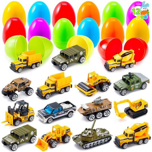 JOYIN 12 Pcs Prefilled Easter Eggs with Die-cast Vehicles, Basket Stuffers for Kids, City Cars and Trucks Toy for Easter Egg Hunt, Party Favors for Boys, Goodie Bag Fillers, Class Prize Supplies Gifts