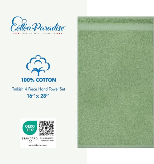 Cotton Paradise Hand Towels - 100% Turkish Cotton, Soft & Absorbent 4-Piece Set in Sage Green