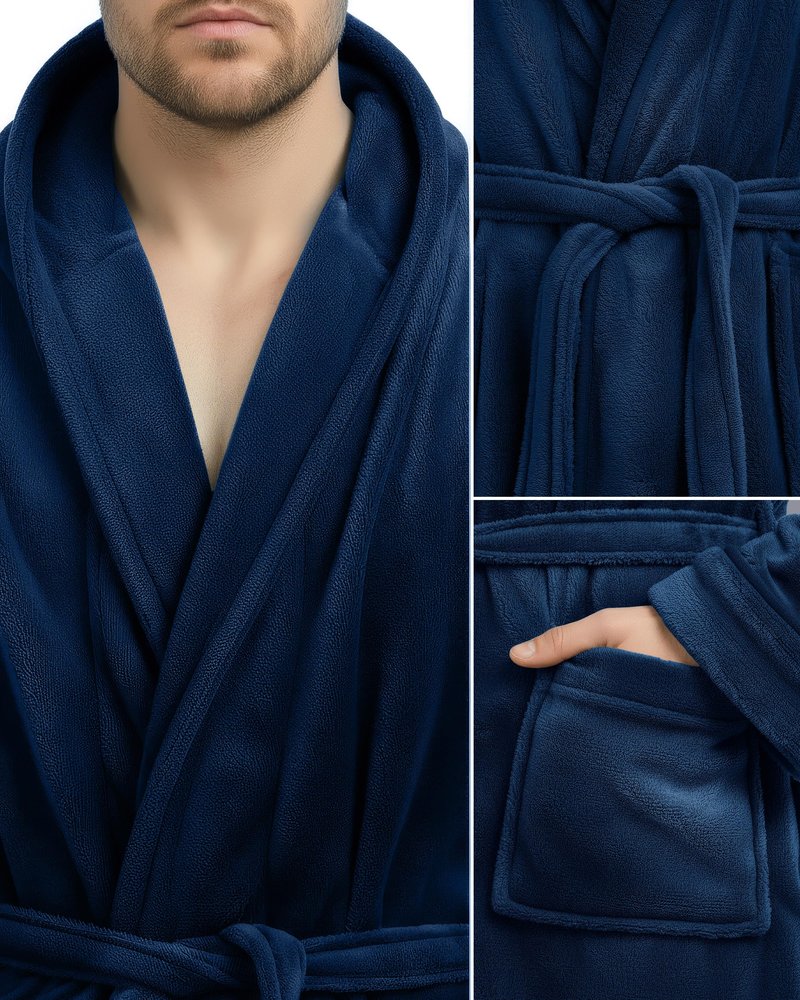 NY Threads Mens Robe with Hood, Luxury Plush Fleece Hooded Mens Bathrobe, Spa Bath Robe for Men, Large/X-Large, Navy