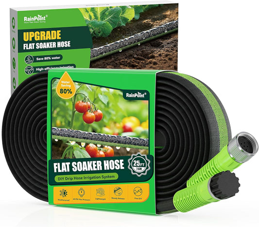 RAINPOINT Soaker Hose - 25FT Leakproof Flat Drip Hose | 80% Water-Saving, Flexible Design for Gardens and Vegetables