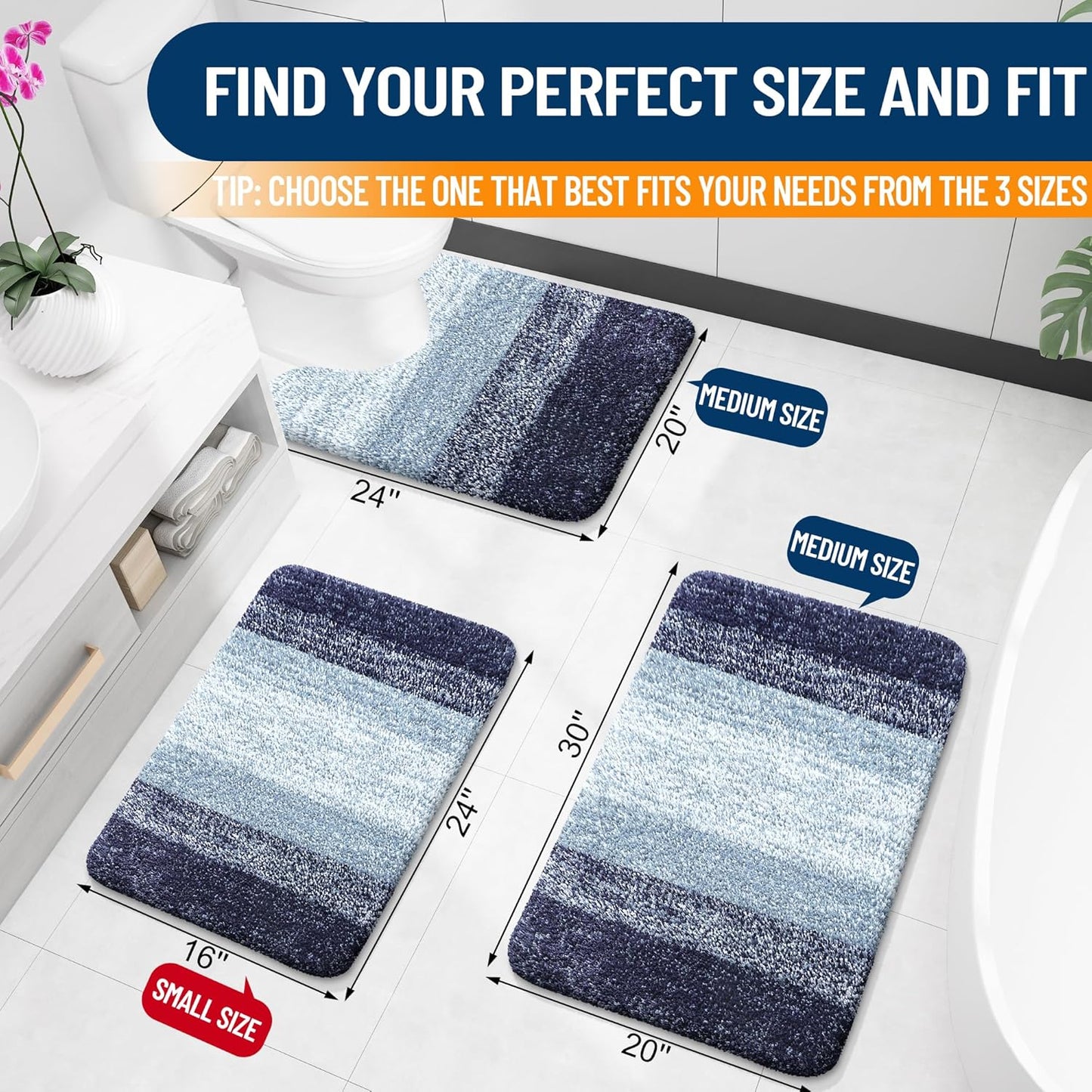 OLANLY Large Bath Rugs - Extra Soft Microfiber, Quick Dry & Washable | 50x30, Airy Blue