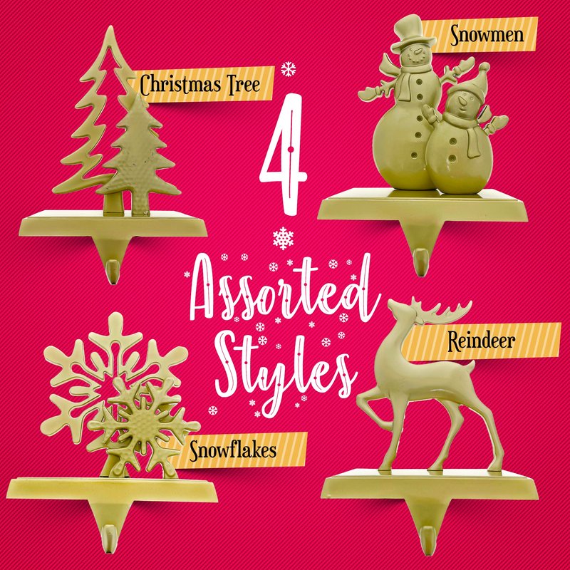 Season 4 Sparkles Christmas Stocking Hangers for Mantle Set of 4 - Golden Color Weighted Stocking Holders for Mantel - Durable So Santa Can Reach The Stockings