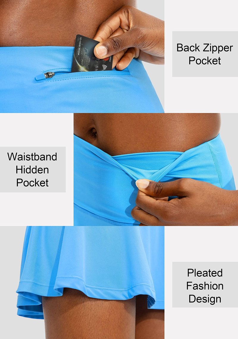 SANTINY Pleated Tennis Skirt for Women with 4 Pockets Women's High Waisted Athletic Golf Skorts Skirts for Running Casual (Light Blue_XS)