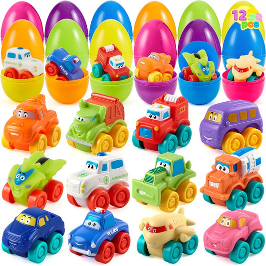 JOYIN 12 Pcs Easter Eggs with Toys, Plastic Eggs with Rubber Cars, Basket Stuffers, Party Favors for Toddlers and Kids, Easter Game, Classroom Prize Supplies