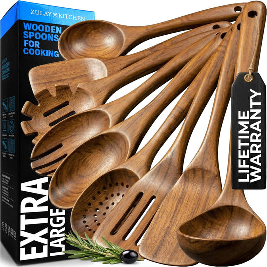 Zulay Kitchen 9-Piece Teak Wood Cooking Utensil Set - Non-Toxic, Non-Stick Wooden Spoons & Tools | Comfortable Grip & Smooth Finish