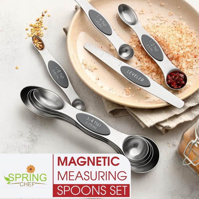 Spring Chef Stainless Steel Magnetic Measuring Spoons Set of 8 with Leveler, Dual Sided Metal Teaspoon & Tablespoon Measuring Spoons - Kitchen Gadgets For Baking and Cooking, Gray