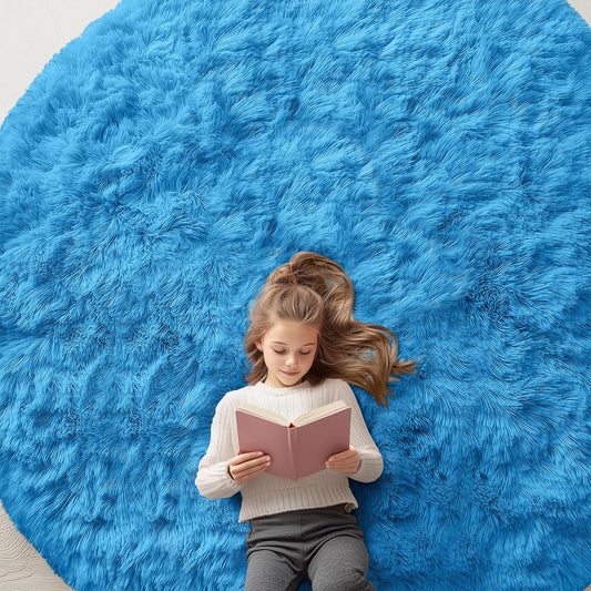 OLANLY Bright Blue Round Rug - Soft, Fluffy Shaggy Carpet for Bedroom | 8 ft Circle Area Rug for Home Decor