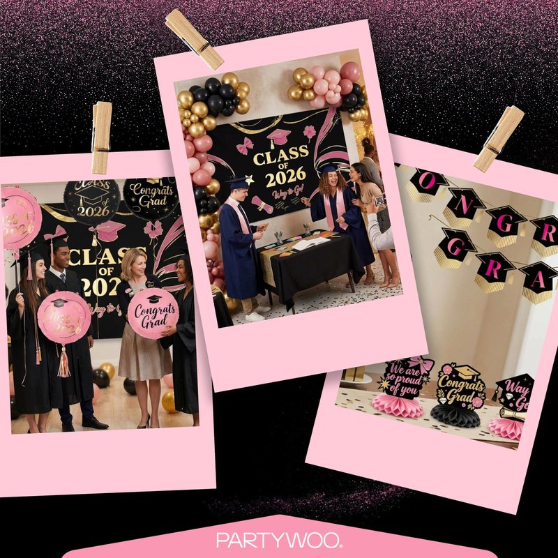 PartyWoo Graduation Decorations Class of 2026 Black Pink Gold 40pcs Grad Party Supplies with Congrats Grad Black Backdrop Banner Hanging Swirls Foil Latex Balloons Graduation Cap Centerpieces Party