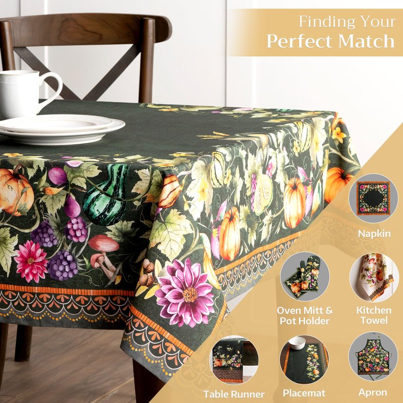 Maison d' Hermine Table Cloth Rectangle Table 100% Cotton 70 x 90 Inches Fall Tablecloth Reusable Everyday Use for Thanksgiving Christmas Decorations Dining Farmhouse (Pumpkin Garden - Dark Green)