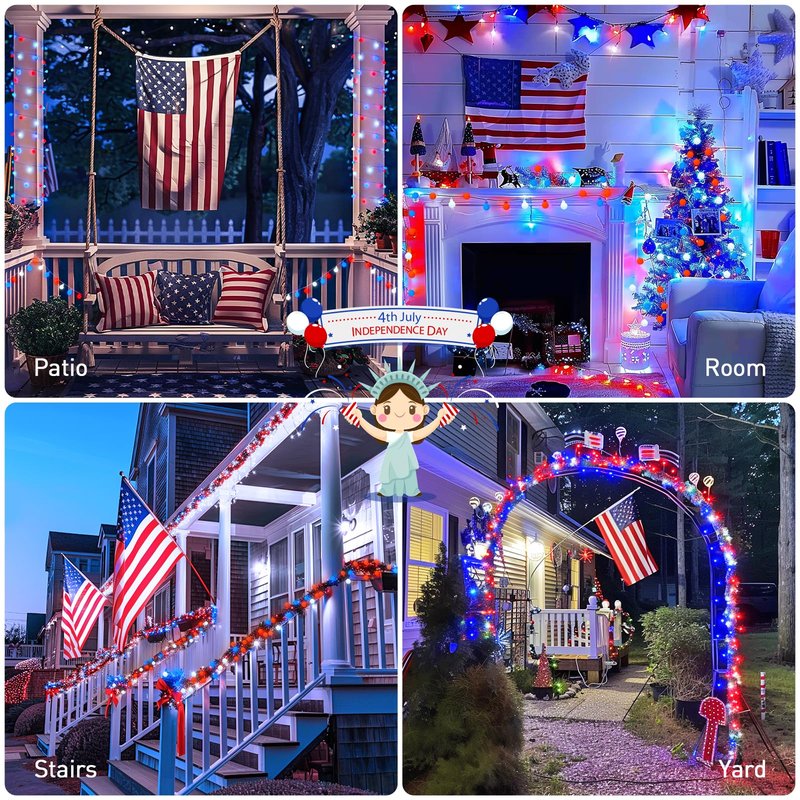 JMEXSUSS Connectable Red White and Blue Lights Indoor Outdoor, 100 LED 33ft 4th of July Decorations Light Plug in, 8 Modes Globe String Lights with Remote for Independence Day Party Patriotic Decor